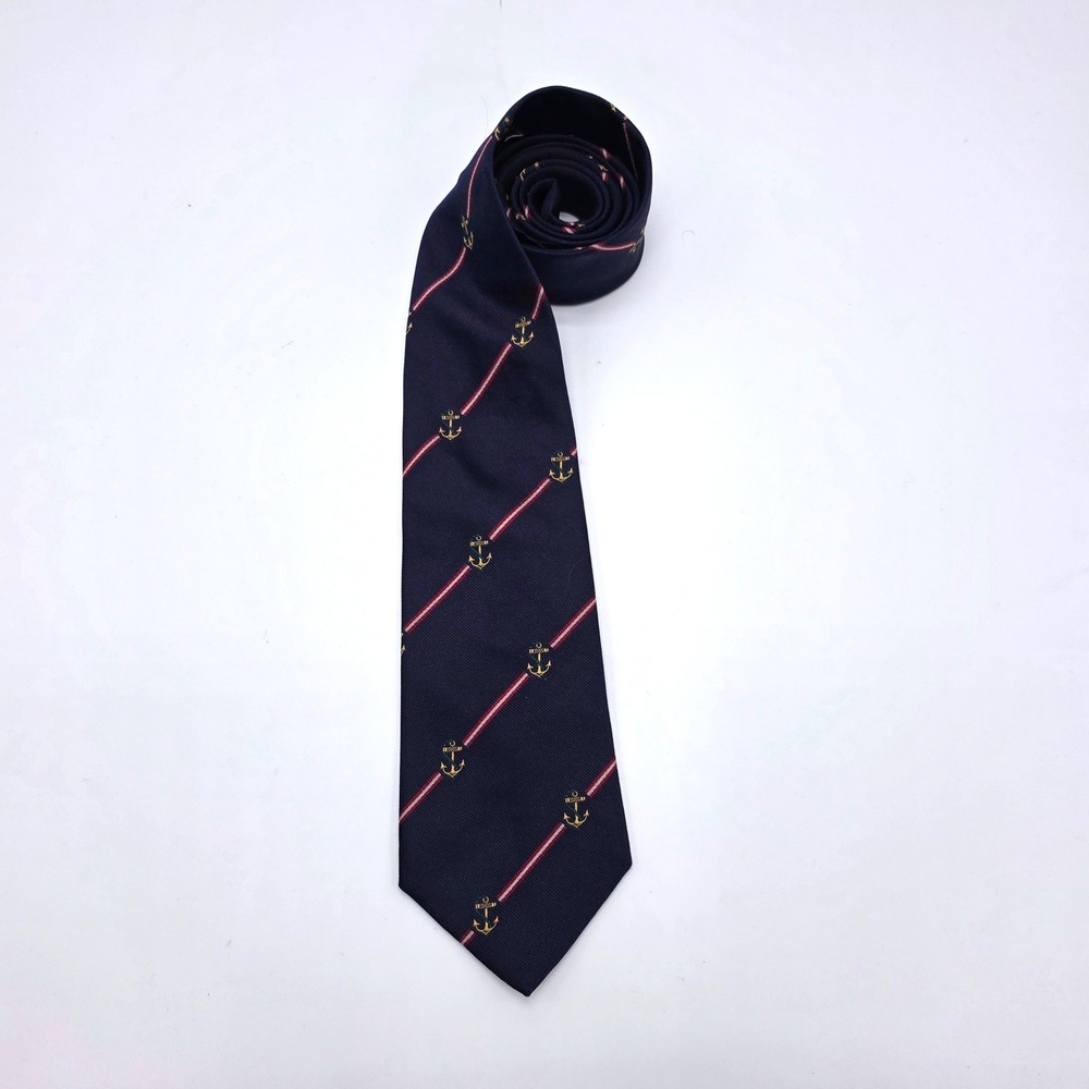 Robert Stewart Neiman Marcus Mens Navy Silk Nautical Anchor Stripe Tie USA Made